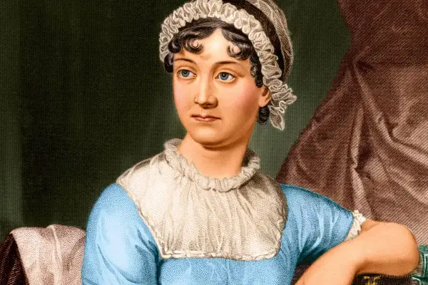 Portret Jane Austen, autorki ponadczasowych książek, w błękitnej sukni i czepku.