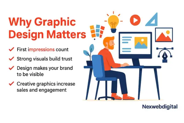 Graphic design pictures illustrating why it matters: first impressions, trust, visibility, and sales. A designer works at a computer surrounded by creative icons.