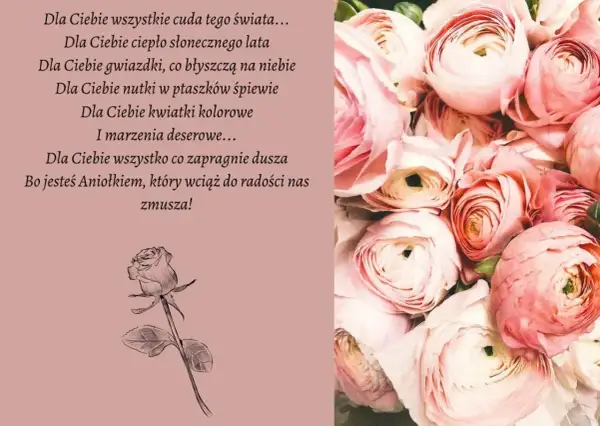 Piękny bukiet róż i róża z tekstem, który brzmi jak aforyzm o miłości i radości.