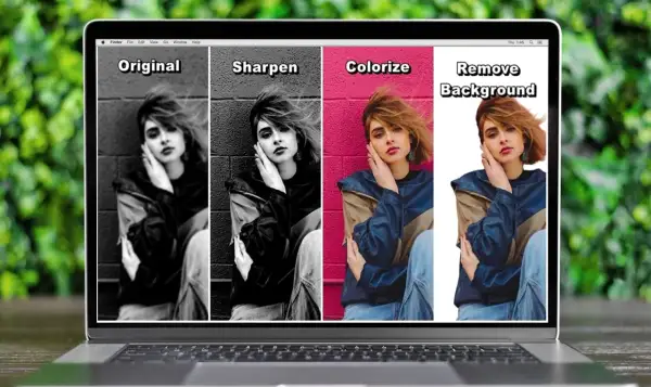 Laptop z programem do zdjęć pokazującym edycję: oryginalne, wyostrzone, pokolorowane i z usuniętym tłem.