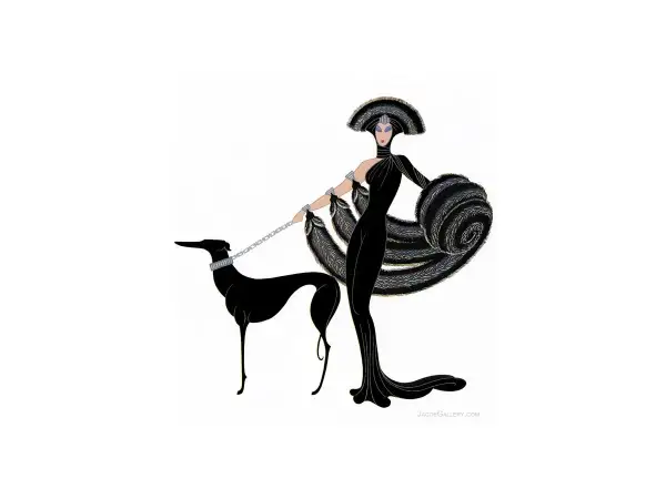 A striking Art Deco illustration, a symphony in black, features a woman in a flowing gown and elaborate headdress, holding a leash attached to a sleek black greyhound.