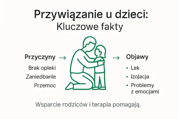 Przywiązanie u dzieci: przyczyny (brak opieki, zaniedbanie, przemoc) i objawy (lęk, izolacja, problemy z emocjami). Wsparcie rodziców i terapia pomagają.