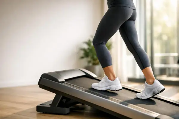 Gambe di donna che corrono su un tapis roulant inclinato. Attenzione, camminare in salita fa male alla schiena se non si fa attenzione alla postura.