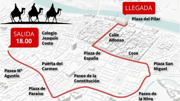 Mapa del recorrido de la cabalgata de Reyes en Zaragoza, con salida a las 18:00 desde el Colegio Joaquín Costa y llegada a la Plaza del Pilar.