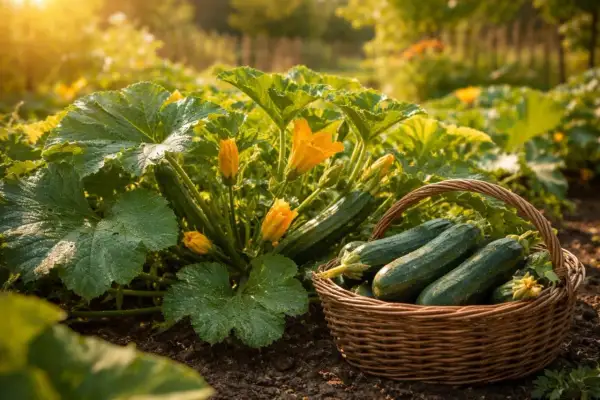 Frisch geerntete Zucchini liegen in einem Korb neben blühenden Pflanzen. Der richtige zucchini pflanzen abstand sorgt für gesunde Ernte.