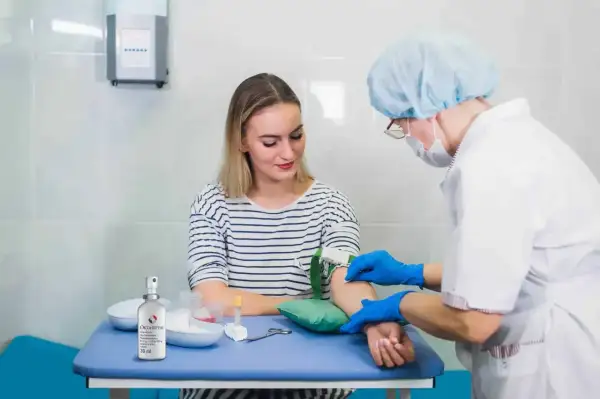 Pielęgniarka pobiera krew do badań, w tym **kreatynina na czczo**. Pacjentka spokojnie czeka na wynik.