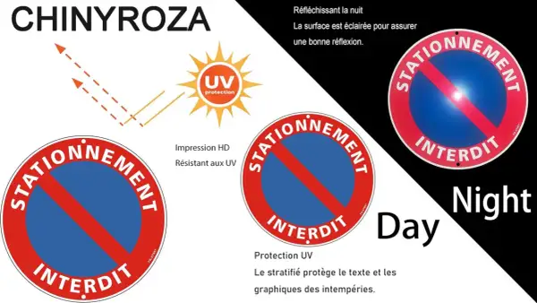 Panneau interdiction de stationner, résistant aux UV et réfléchissant la nuit pour une meilleure visibilité.