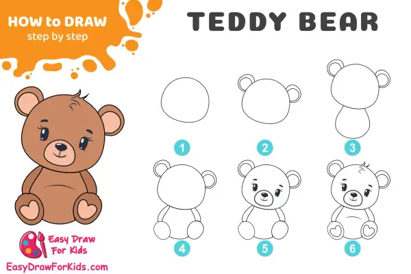Guía paso a paso de cómo se dibuja un oso de peluche. Incluye un oso terminado y seis etapas de dibujo.