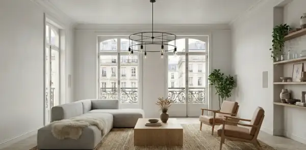 Elegante sala de estar con sofá gris, mesa de centro de madera y dos sillones de cuero. La decoración de casas se realza con grandes ventanales y estanterías.
