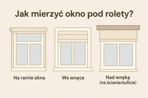 Jak zmierzyć okno na roletę? Ilustracja pokazuje trzy sposoby montażu rolet: na ramie okna, we wnęce i nad wnęką.