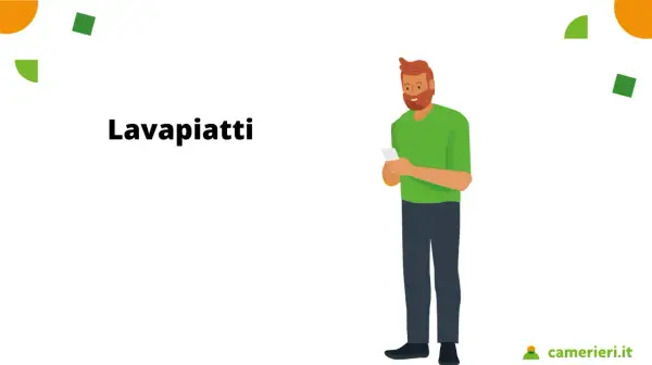 Uomo con barba rossa, maglietta verde e jeans, tiene in mano uno smartphone. La scritta "Lavapiatti" suggerisce un lavoro part time.