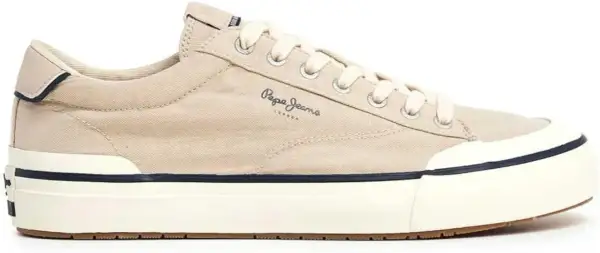 Sneakers in tela beige da pepe jeans uomo, con lacci chiari e suola bianca con dettagli blu.