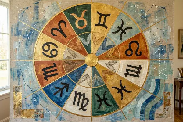 Koło zodiaku z symbolami, w tym strzelec.