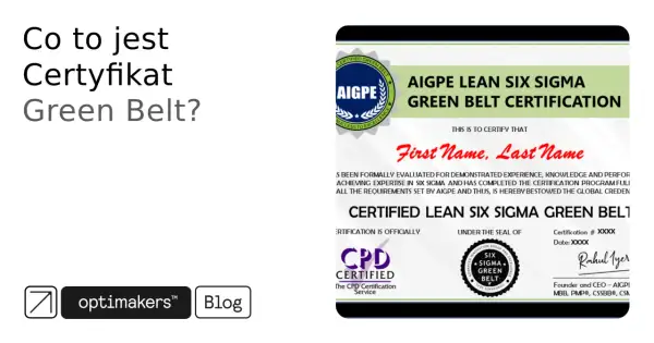 Certyfikat AIGPE Lean Six Sigma Green Belt z pieczęciami CPD i Advanced Innovation Group.