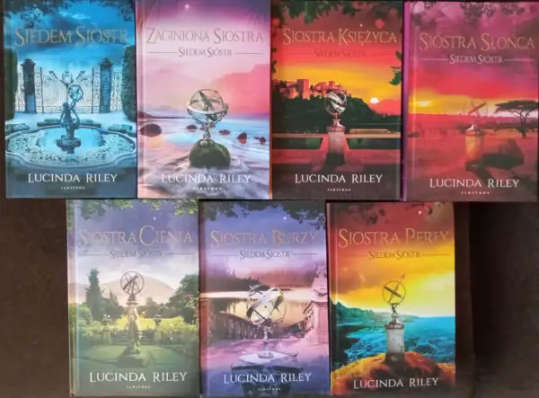 Kolekcja książek "Siedem sióstr" Lucindy Riley, w tym "Zaginiona siostra", "Siostra księżyca", "Siostra słońca", "Siostra cienia", "Siostra burzy" i "Siostra perły".