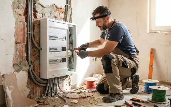 Elettricista al lavoro per il ripristino impianto elettrico, con cavi e quadro in vista.