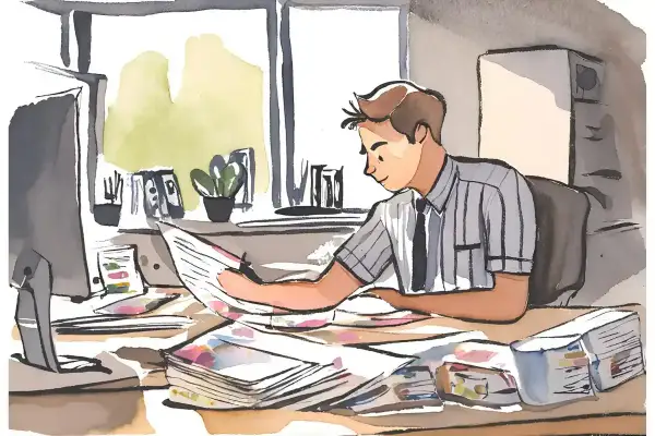 Uomo d'affari esamina documenti, un'illustrazione che suggerisce come trovare dipendenti qualificati per la tua azienda.