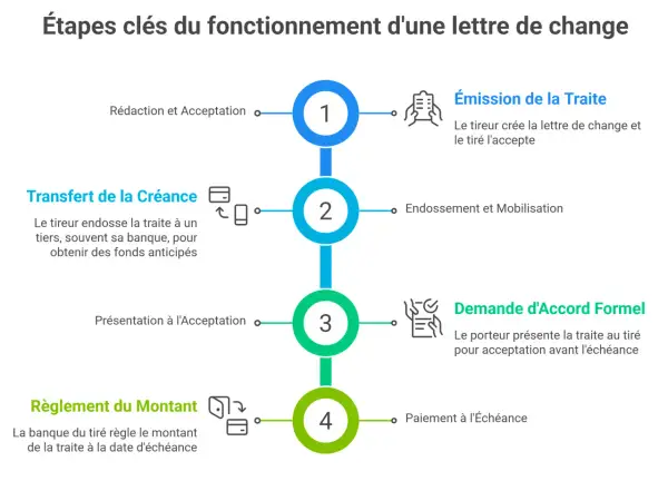 Schéma des étapes clés d'une lettre de change, expliquant la lcr définition : émission, endossement, demande d'accord formel et règlement.