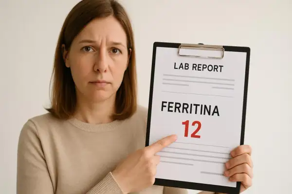 Donna preoccupata indica un referto con emocromo perfetto ma ferritina bassa, valore 12.