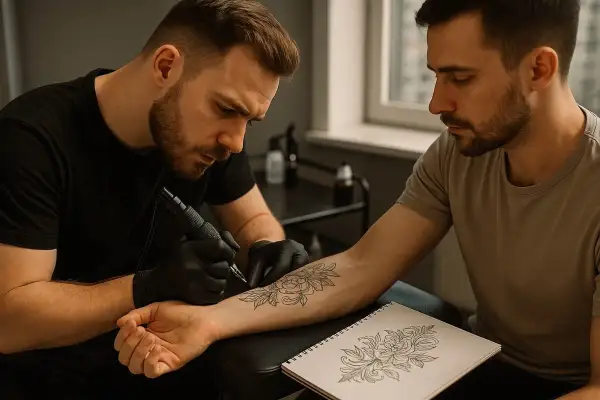 Tatuador creando un diseño de flor en el brazo de un cliente, con un boceto similar en un cuaderno.