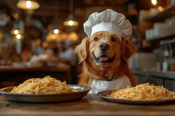 Szef kuchni, pies rasy golden retriever, w czapce kucharskiej i fartuchu, z uśmiechem spogląda na talerze pełne makaronu. Czy psy mogą jeść makaron?