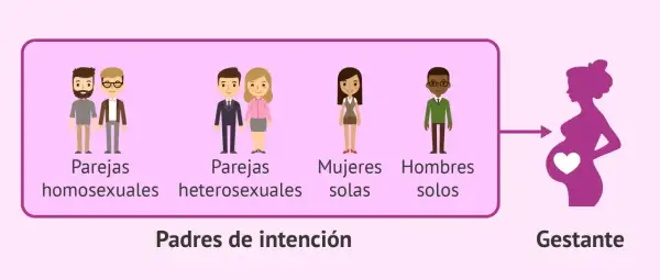 Padres de intención (parejas homosexuales, heterosexuales, mujeres solas, hombres solos) y gestante. Ilustra la gestación subrogada.