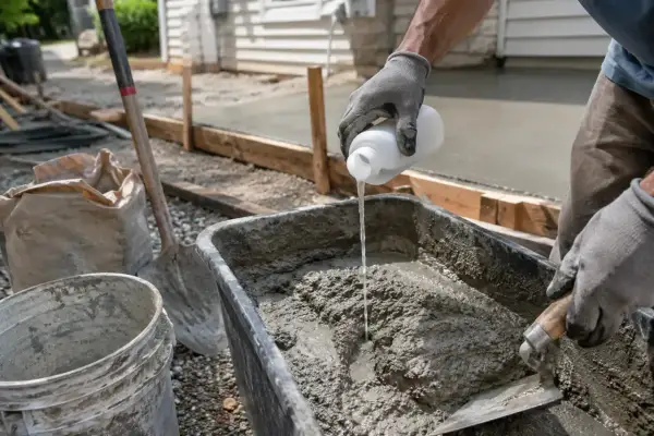 Rękawiczki i kielnia mieszają beton. Powstaje podjazd, który będzie wyglądał jak terazzo.