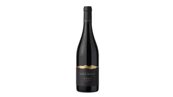 Bottiglia di vino Schiava Elena Walch, con etichetta nera e oro che raffigura montagne. Le caratteristiche di questo vino sono uniche.