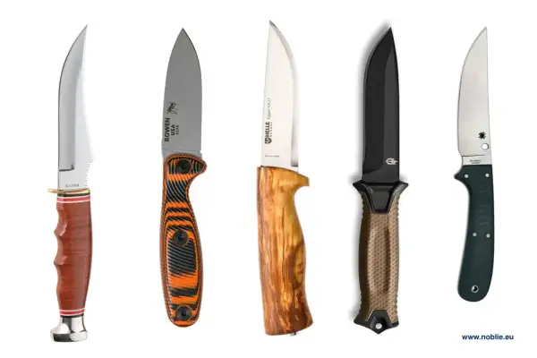 Cinco cuchillos de diferentes diseños, uno de ellos es el mejor cuchillo militar, con mangos de madera, naranja y negro, y verde.