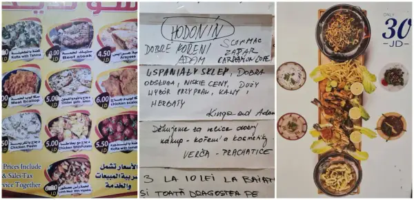 Menu z Jordanii z daniami i cenami. Wpisano "niska cena" i "dobra obsługa".