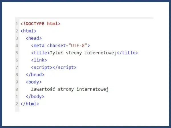 Podstawy, jak zrobić stronę HTML w notatniku: kod z nagłówkiem, tytułem i ciałem strony.