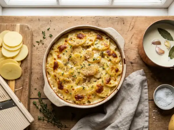 Un gratin dauphinois onctueux, prêt à être dégusté, comme le ferait Cyril Lignac. Des pommes de terre fines, dorées et gratinées.