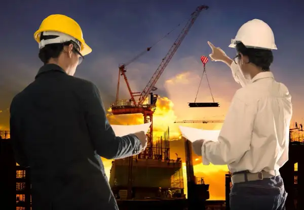 Ingegneri supervisionano un cantiere edile al tramonto, garantendo la sicurezza. Gru solleva materiale.