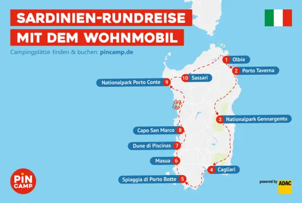 Sardinien-Rundreise mit dem Wohnmobil: Karte zeigt Route von Olbia über Sassari und Cagliari, mit Stopps an Nationalparks und Stränden. Perfekt für deinen Sardinien Roadtrip!