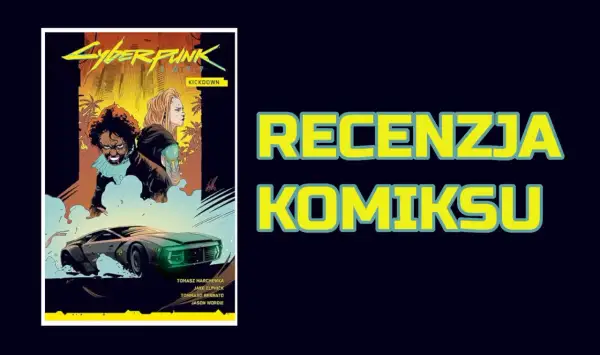 Mrok nad Tokyoramą w komiksie "Cyberpunk 2077: Kickdown". Dwie postacie i futurystyczny samochód na tle miasta.