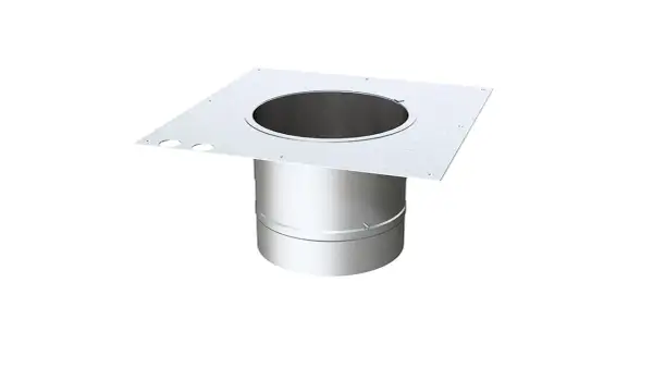 En fyrkantig plåt med ett runt hål i mitten, fäst vid ett runt rör. Kan användas som ett backspjäll för ventilation.
