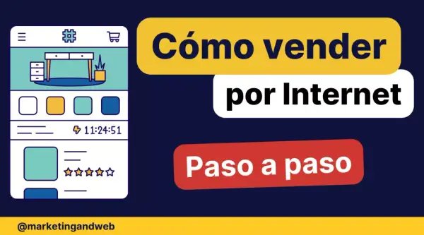 Ilustración de una app de ecommerce con el texto "Cómo vender por Internet paso a paso".