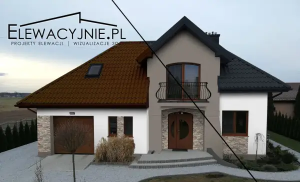Wizualizacja 3D porównująca kolor dachu i elewacji: brązowa dachówka i jasna ściana vs. czarna dachówka i grafitowo-biała elewacja.
