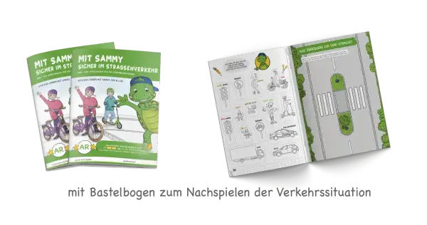 Bücher und Bastelbogen zur Verkehrserziehung im Kindergarten mit Schildern, Ampeln und Fahrzeugen.