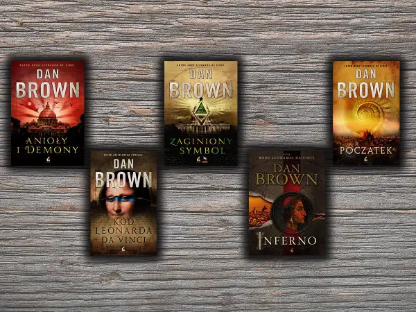 Okładki książek Dana Browna: Anioły i Demony, Zaginiony Symbol, Początek, Kod Leonarda da Vinci, Inferno.