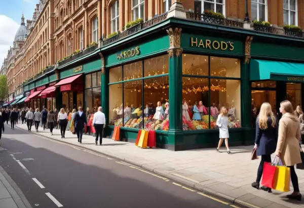 Folk shoppar på Harrods, en av Londons mest kända london butiker. Fönstren är fyllda med färgglada varor och skyltdockor.