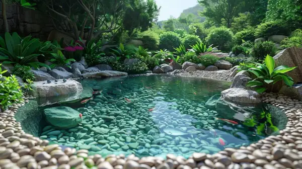 Un étang paisible, bordé de galets et de verdure luxuriante, abrite des poissons rouges nageant parmi les pierres. Un véritable **algue jardin** miniature.