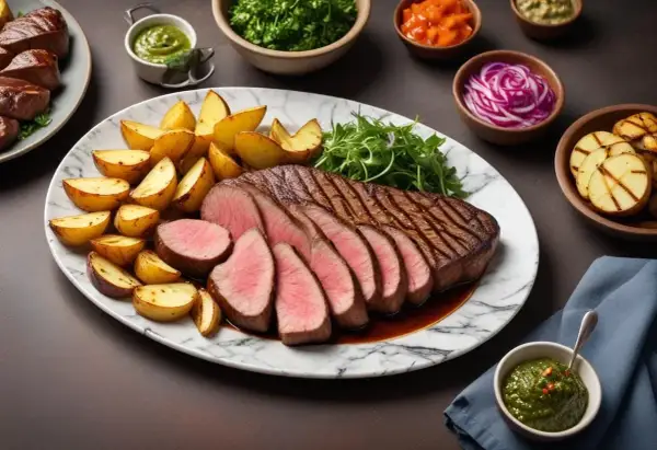 Saftig picanha, perfekt stekt med rosastekt kött, serveras med klyftpotatis och en grön sås. Ett fantastiskt picanha recept!