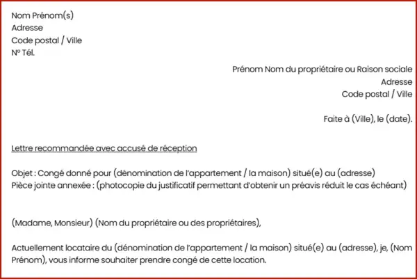 Modèle de lettre recommandée avec accusé de réception pour une lettre résiliation bail locatif. Le document détaille les informations du locataire et du propriétaire.