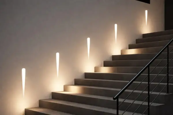 Nowoczesne oświetlenie LED schodów wpuszczane w ścianę z czujnikiem ruchu. Eleganckie, stożkowe lampy subtelnie rozświetlają stopnie.