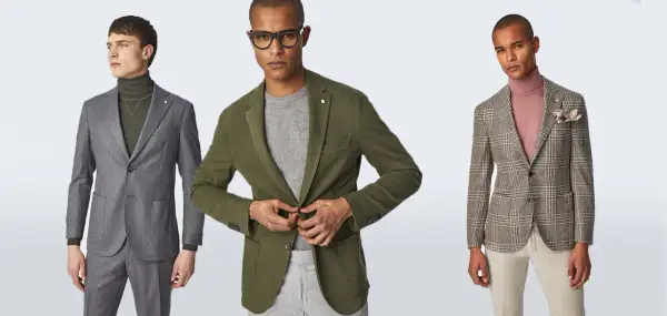 Tre uomini mostrano un elegante abbigliamento business casual uomo: completi grigi, giacche verdi e a quadri con dolcevita.