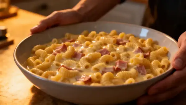 Un plat réconfortant de coquillettes au jambon, baignant dans une sauce crémeuse au fromage. Parfait pour un repas rapide et savoureux.