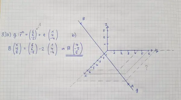Mathematische Aufgabe: Schnittpunkt Gerade Ebene. Vektorgleichung einer Geraden und Koordinaten eines Punktes B.