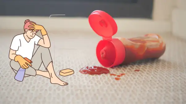 Verzweifelte Person mit Putzmitteln und Schwamm sitzt neben Ketchupfleck auf dem Boden. Der Kampf um den outdoor teppich reinigen beginnt.