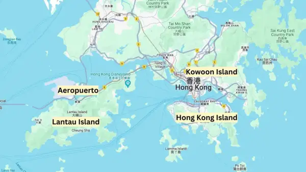 Mapa pokazuje, gdzie jest Hong Kong, z zaznaczonymi wyspami Lantau, Kowloon i Hong Kong Island, a także lotniskiem.